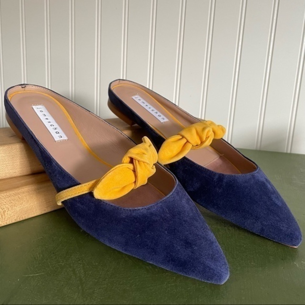 NWT James Chan NAJA Strappy Mules in Navy Sunburst Kidsuede